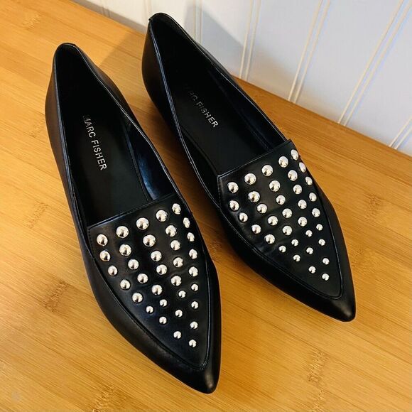 Marc Fisher Sz 6.5 Lalita2 Black Studded Loafer Flats Pointed Toe Slip On Wmn’s - Picture 1 of 13